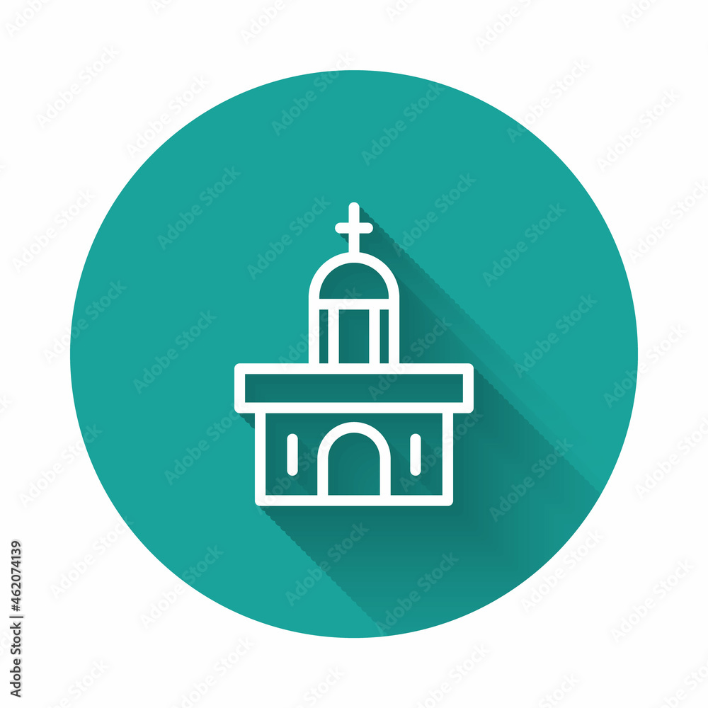 White line Church building icon isolated with long shadow. Christian Church. Religion of church. Green circle button. Vector White line Church building icon isolated with long shadow. Christian Church. Religion of church. Green circle button. Vector