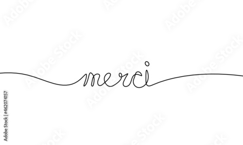 Calligraphic inscription of word "merci" as continuous line drawing on white background. Vector
