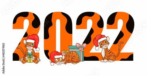 Happy New Year 2022 text design with cartoon style with tigers. The symbol of the year according to the Chinese calendar. Design brochure  template  postcard  banner. Vector illustration.