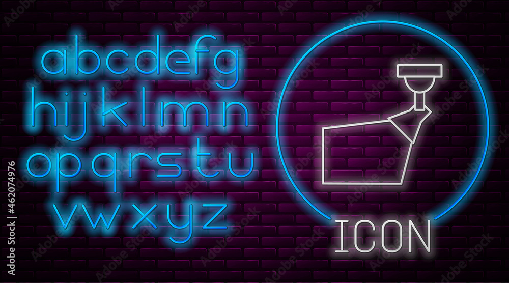 Glowing neon line Movie spotlight icon isolated on brick wall background. Light Effect. Scene, Studio, Show. Neon light alphabet. Vector Glowing neon line Movie spotlight icon isolated on brick wall background. Light Effect. Scene, Studio, Show. Neon light alphabet. Vector