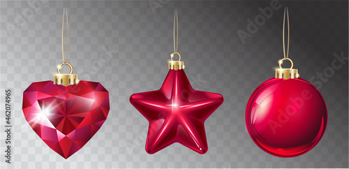 Vector realistic Christmas decorations on a light abstract background. Glass sphere, sparkling heart and star