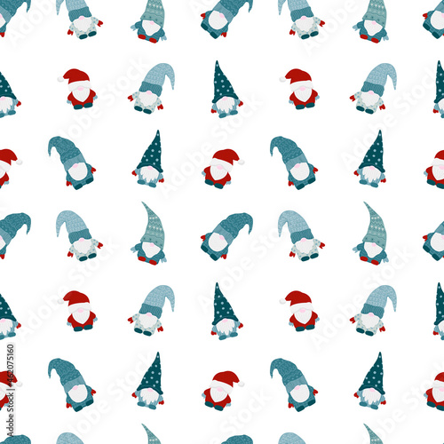 Gnome  christmas seamless pttern. Christmas Scandinavian small gnomes in a New Year's santa hat. Set of flat cartoon hand drawn characters. Stock vector illustration isolated on white background.