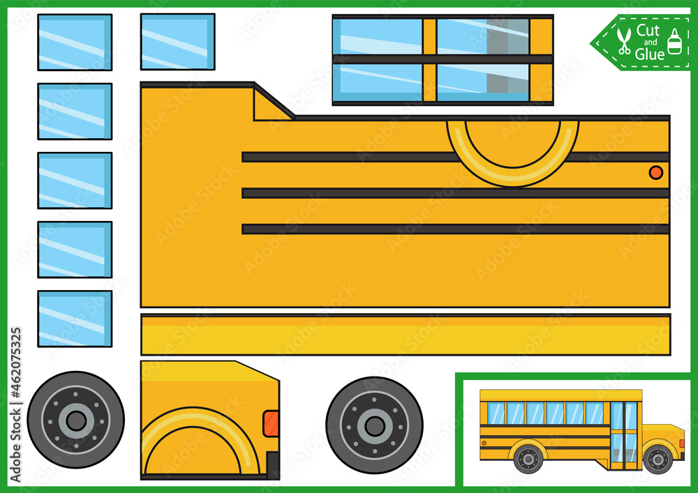 Kids craft paper game. Cut and glue simply puzzle yellow school bus.  Worksheet and activity page for children. Cutout cartoon toy car. Vector  illustration. Stock Vector | Adobe Stock
