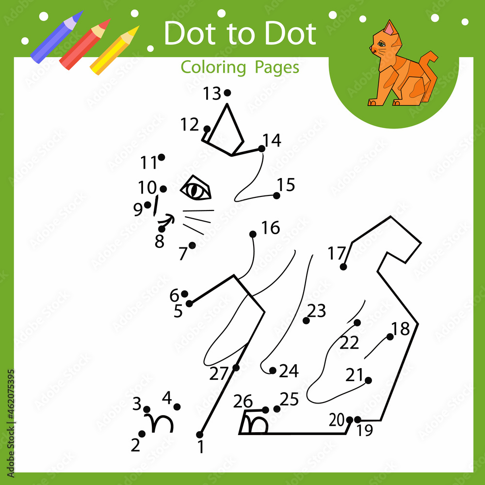 Dot to dot kids game. Connect drawing cartoon cat. Activity coloring page with cute animal. Education children worksheet. Dot to dot kids game. Connect drawing cartoon cat. Activity coloring page with cute animal. Education children worksheet.