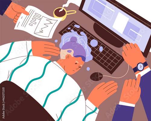 Overworked person in the office lies on his desk and feels depressed.