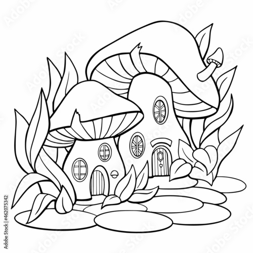 Coloring book houses mushroom. Kids cute cartoon drawing fairy house in forest. Activity page and worksheet for children. Vector illustration.