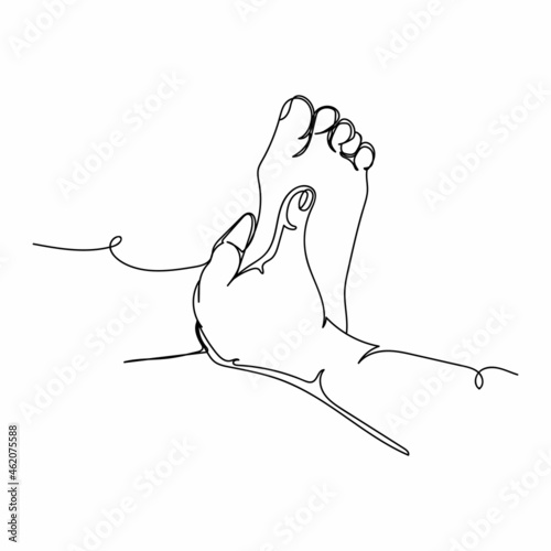 Continuous one line drawing of foot and finger massage in silhouette on a white background. Linear stylized.