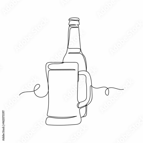 Continuous one line drawing of glass mug of beer with bottle glass of beer in silhouette on a white background. Linear stylized.