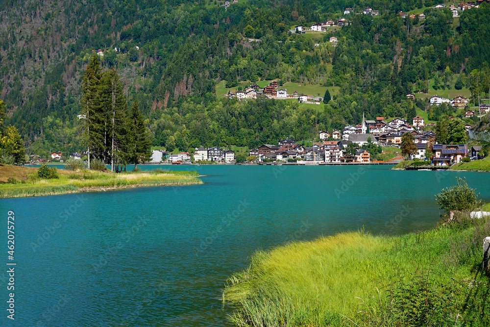 Amazing alpine scenery, Dolomites mountains. Beautiful lake lago di Alleghe, northern Italy (Belluno province), Europe