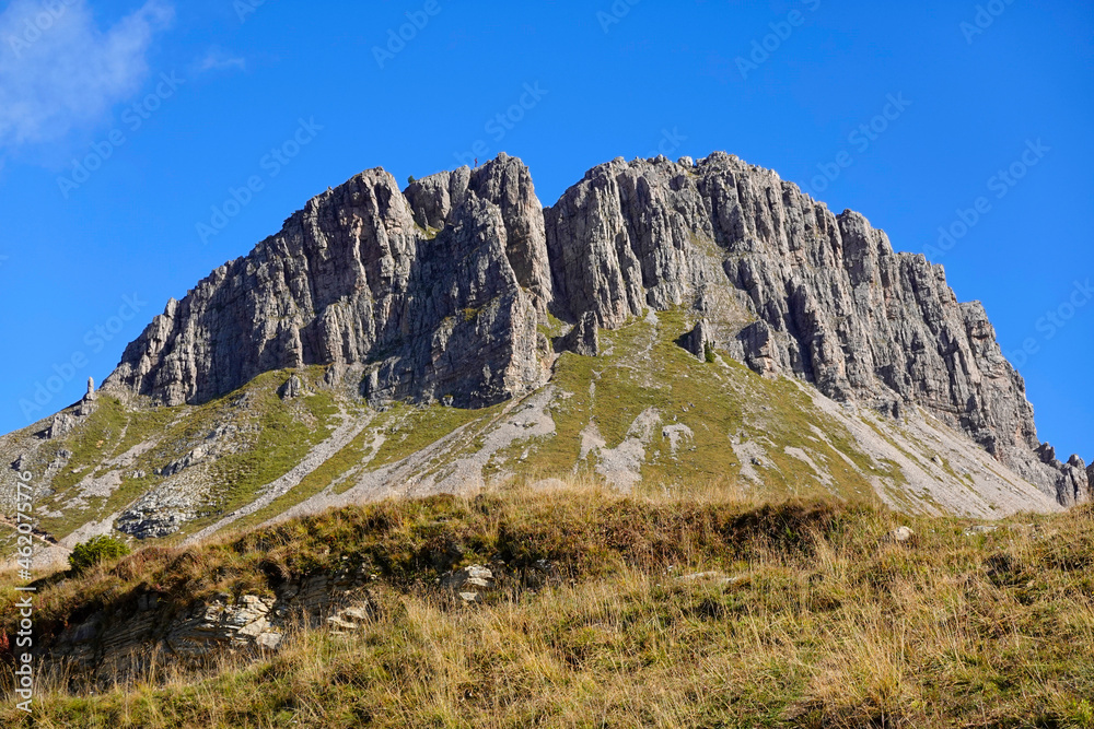 Mount Castellaz, trekking of the Thinking Christ, peak of the Dolomites in Italian Alps, UNESCO world heritage site in Trentino Alto Adige, Passo Rolle, Italy, Europe 