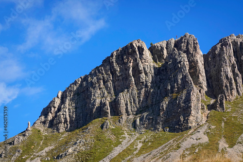 Mount Castellaz, trekking of the Thinking Christ, peak of the Dolomites in Italian Alps, UNESCO world heritage site in Trentino Alto Adige, Passo Rolle, Italy, Europe