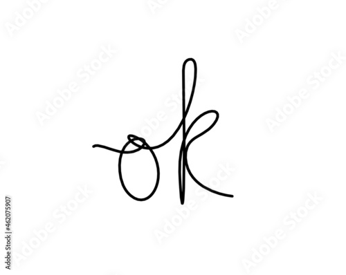 Calligraphic inscription of word "ok" as continuous line drawing on white  background