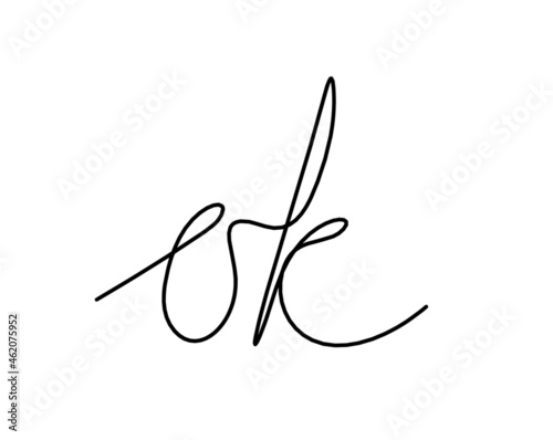 Calligraphic inscription of word "ok" as continuous line drawing on white  background