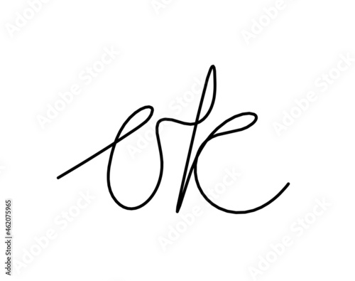 Calligraphic inscription of word "ok" as continuous line drawing on white  background