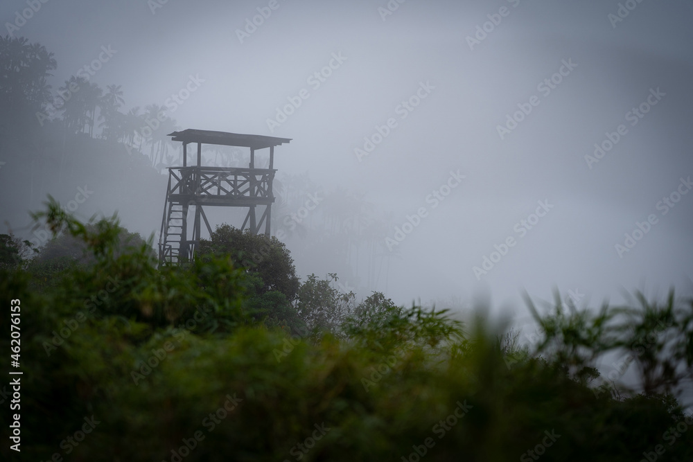 Wooden watch tower in the jungle surrounded by mystic fog. 