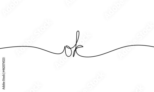 Calligraphic inscription of word "ok" as continuous line drawing on white  background