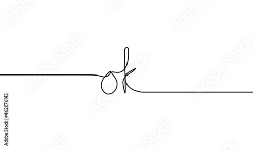 Calligraphic inscription of word "ok" as continuous line drawing on white  background