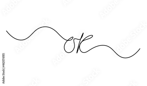 Calligraphic inscription of word "ok" as continuous line drawing on white background