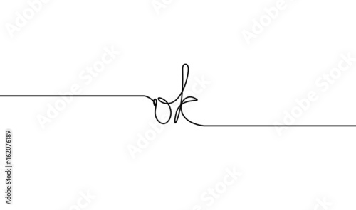 Calligraphic inscription of word "ok" as continuous line drawing on white  background
