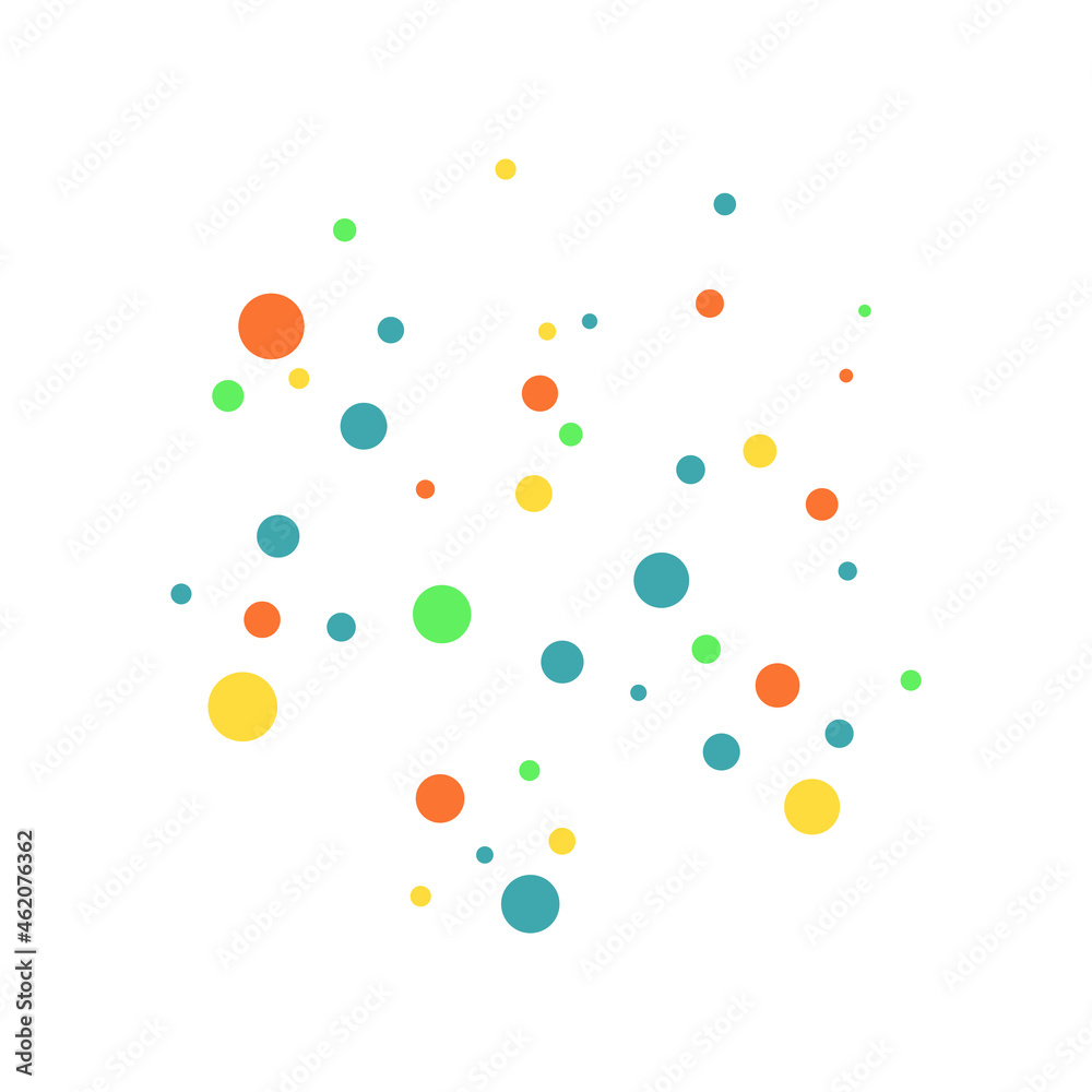 Vector dots, colorful circles. Multicolored random spots, flying confetti on white background. Rounded geometric shapes in various sizes. Specks and freckles, circular and radial element. Flat design