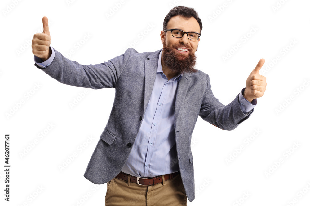 Fototapeta premium Cheerful bearded man showing both thumbs up
