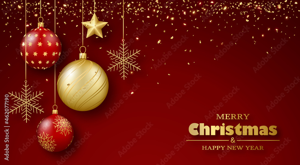 Merry Christmas and Happy New Year greeting card. 3D realistic gold and red glass balls, star and snowflakes on ribbons.