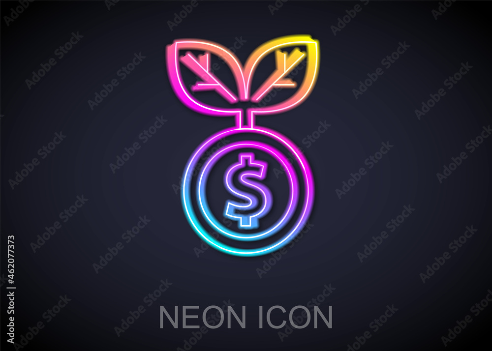 Glowing neon line Dollar plant icon isolated on black background. Business investment growth concept. Money savings and investment. Vector Glowing neon line Dollar plant icon isolated on black background. Business investment growth concept. Money savings and investment. Vector