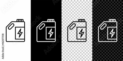 Set line Eco fuel canister icon isolated on black and white, transparent background. Eco bio and barrel. Green environment and recycle. Vector
