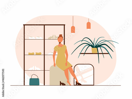 People shopping flat vector illustrations set. Shopper try on shoes in a clothing store. Clothing store, sale.
