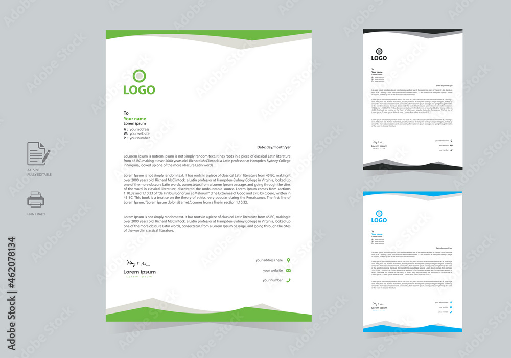 Creative Minimal Business Style Letterhead For Your Corporate Business. Abstract & Modern Letterhead Design Vector Template With 3 Color Creative Minimal Business Style Letterhead For Your Corporate Business. Abstract & Modern Letterhead Design Vector Template With 3 Color