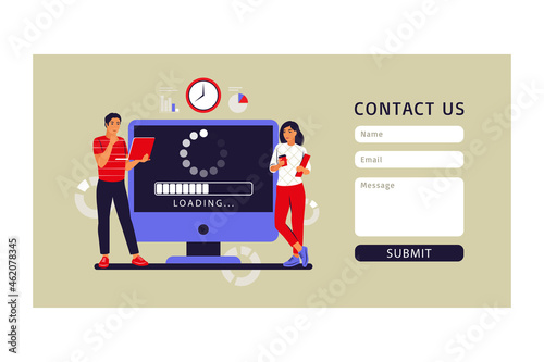 Update concept. Programmers upgrading operation system of computer. Contact us. Vector illustration. Flat