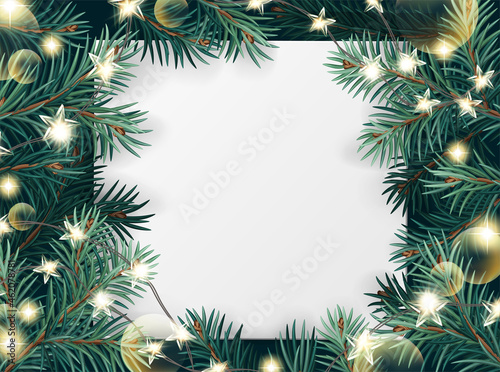 Vector Christmas square frame with tree branches  light garlands and white paper. Christmas decoration concept