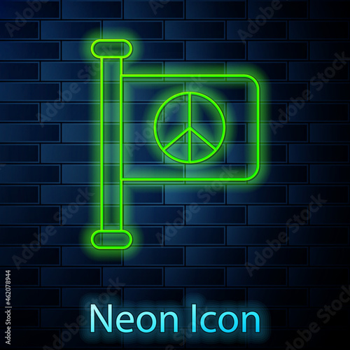 Glowing neon line Flag peace icon isolated on brick wall background. Hippie symbol of peace. Vector