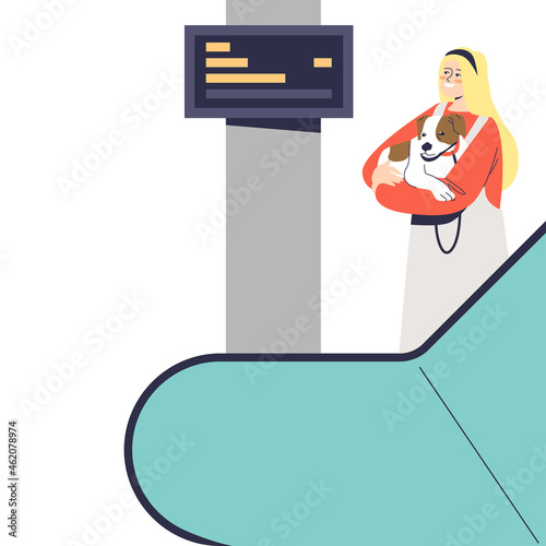 Girl with dog on escalator riding to underground metro station travel on subway public transport