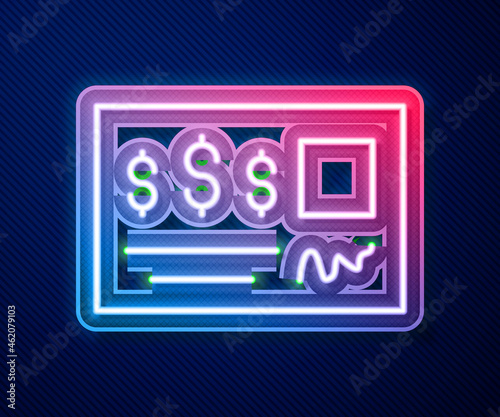 Glowing neon line Blank template of the bank check and pen icon isolated on blue background. Checkbook cheque page with empty fields to fill. Vector