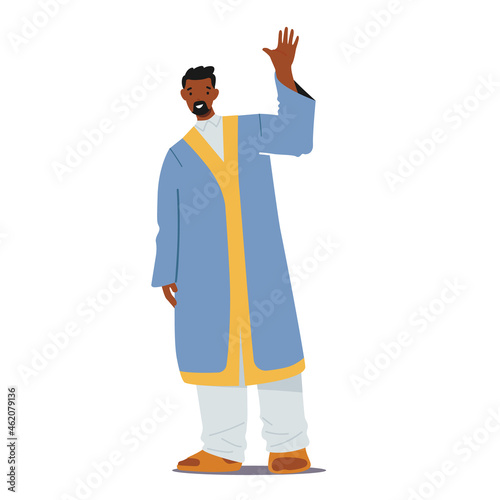 Arab, Egyptian, Pakistan Man in Traditional Clothes Waving Hand in Greeting or Welcome Gesture. Male Character Say Hello