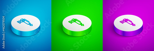 Isometric line Fishing harpoon icon isolated on blue, green and purple background. Fishery manufacturers for catching fish under water. Diving underwater equipment. White circle button. Vector