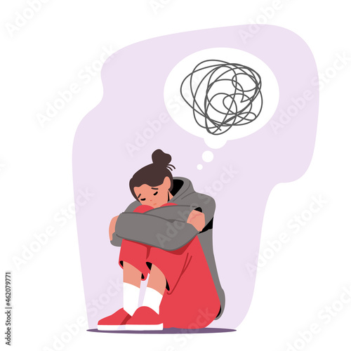 Female Character Depression, Stress. Depressed Unhappy Woman Sit on Floor with Tangled Thoughts in Head, Girl Need