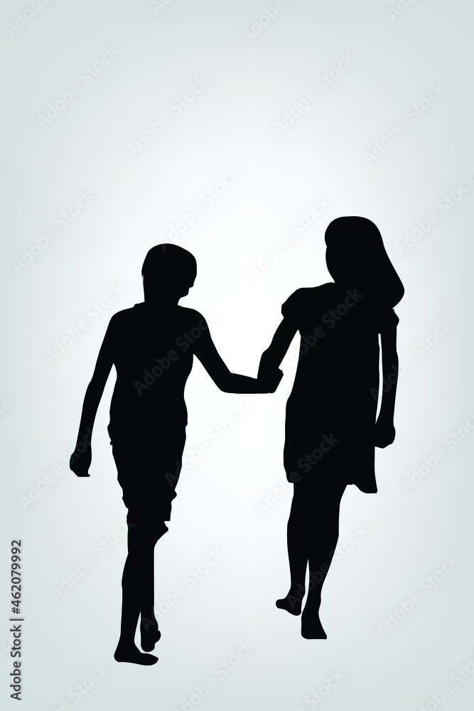 Brother and sister holding hands walking. friendship vector image.