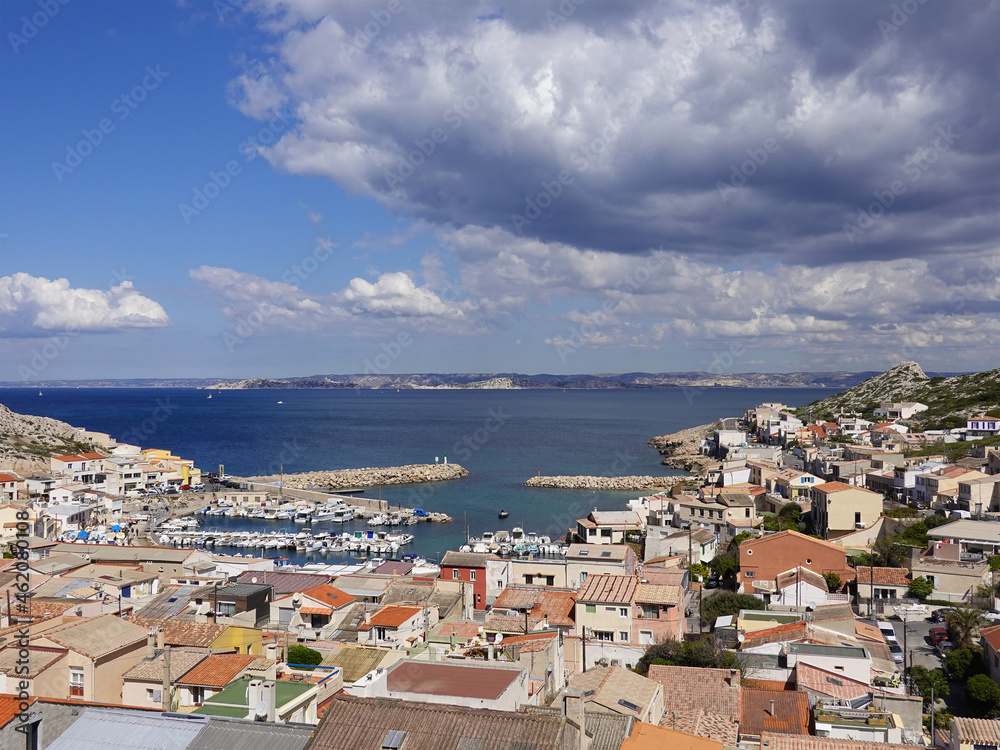 The port of Goudes, the sky and the Mediterranean sea in Marseille.