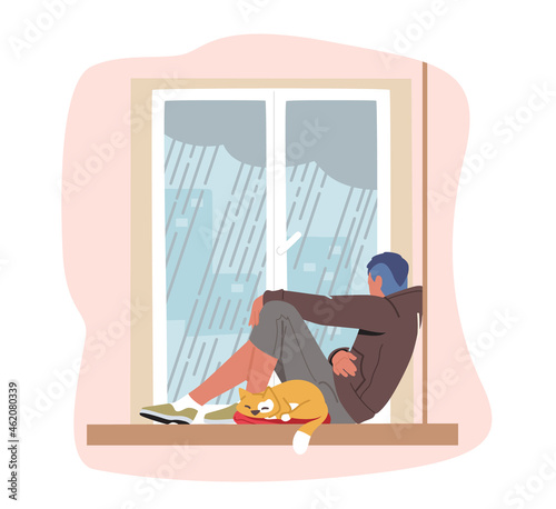 Despair, Frustration, Life Problems Concept. Young Depressed Upset Desperate Man Sit on Windowsill Look on Rain