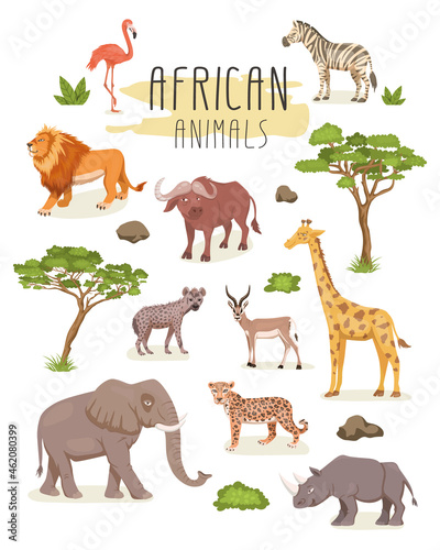 African Savannah Wild Animal Set. Lion, Rhino, Zebra, Buffalo, Giraffe, Flamingo, Leopard, Gazelle, Elephant, Hyena. Flat Vector Illustration. Animals of Africa. Savannh Safari Concept