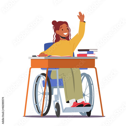 Disabled Girl Character in Wheelchair Sitting at Desk with Textbooks in Classroom Raising Hand. Handicapped Schoolgirl