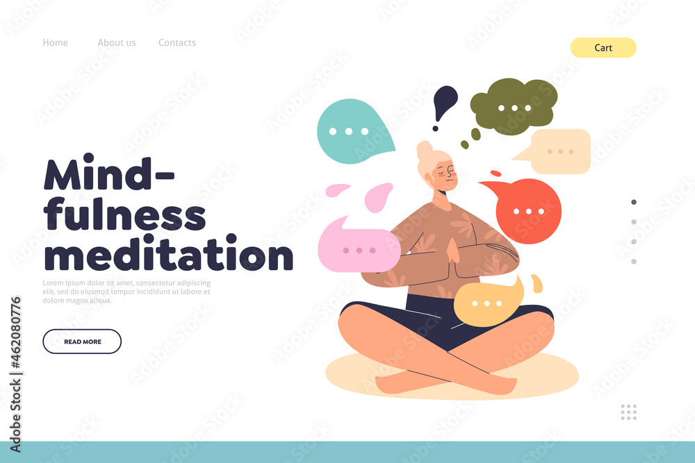 Minfulness meditation concept of landing page with young woman meditating, sitting in lotus position