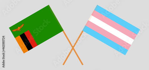 Crossed flags of the Republic of Zambia and transgender pride. Official colors. Correct proportion