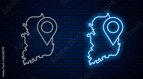 Glowing neon line South Korea map icon isolated on brick wall background. Vector