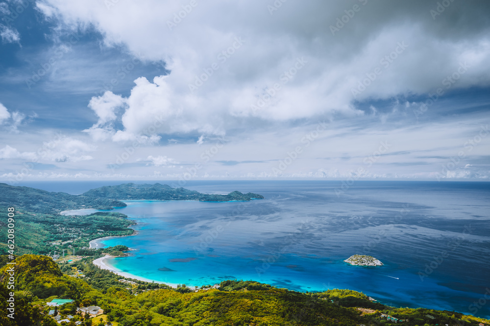 Mahe island, Seychelles. Panoramic view on therese island, bay ternay from morne blanc hill view point