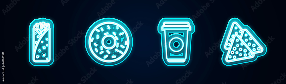 Set line Burrito, Donut, Coffee cup and Nachos. Glowing neon icon. Vector Set line Burrito, Donut, Coffee cup and Nachos. Glowing neon icon. Vector