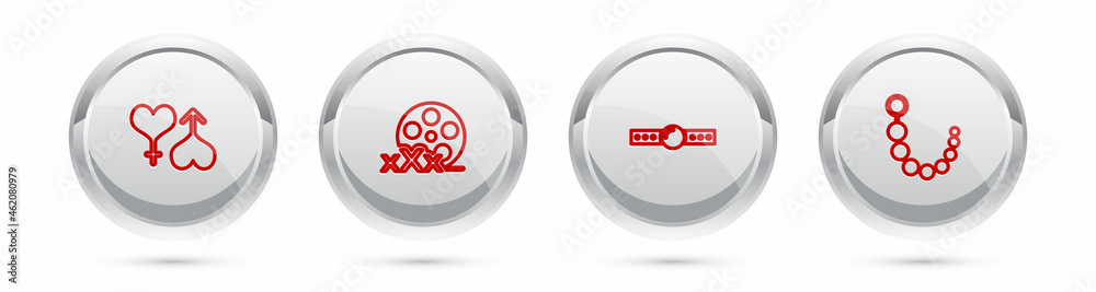Set line Male and female heart, Film reel with Sex, Silicone ball gag and Anal beads. Silver circle button. Vector Set line Male and female heart, Film reel with Sex, Silicone ball gag and Anal beads. Silver circle button. Vector