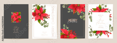 Elegant Merry Christmas and New Year Cards Set with Poinsettia Realistic Flowers, Mistletoe